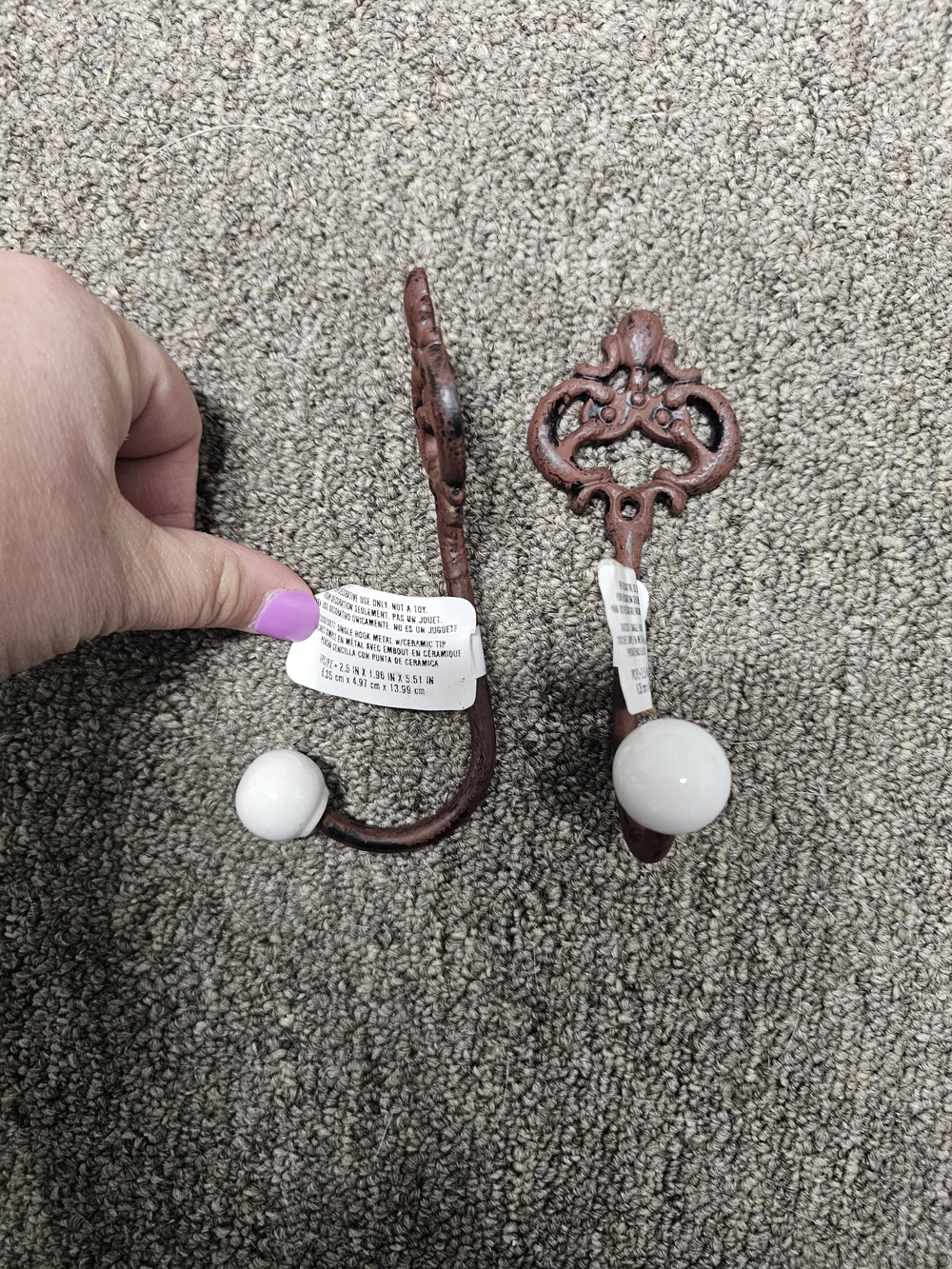 Decorative White Ceramic & Rust Metal Wall Hooks - Set of 2